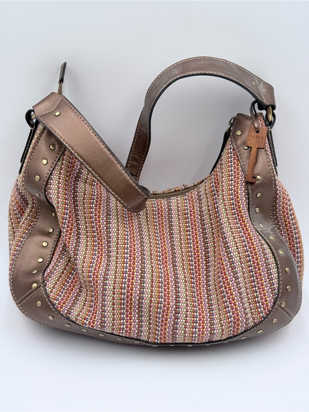 Vintage Y2K Fossil Woven Hobo Shoulder Bag Colorful Tweed Boho with Key